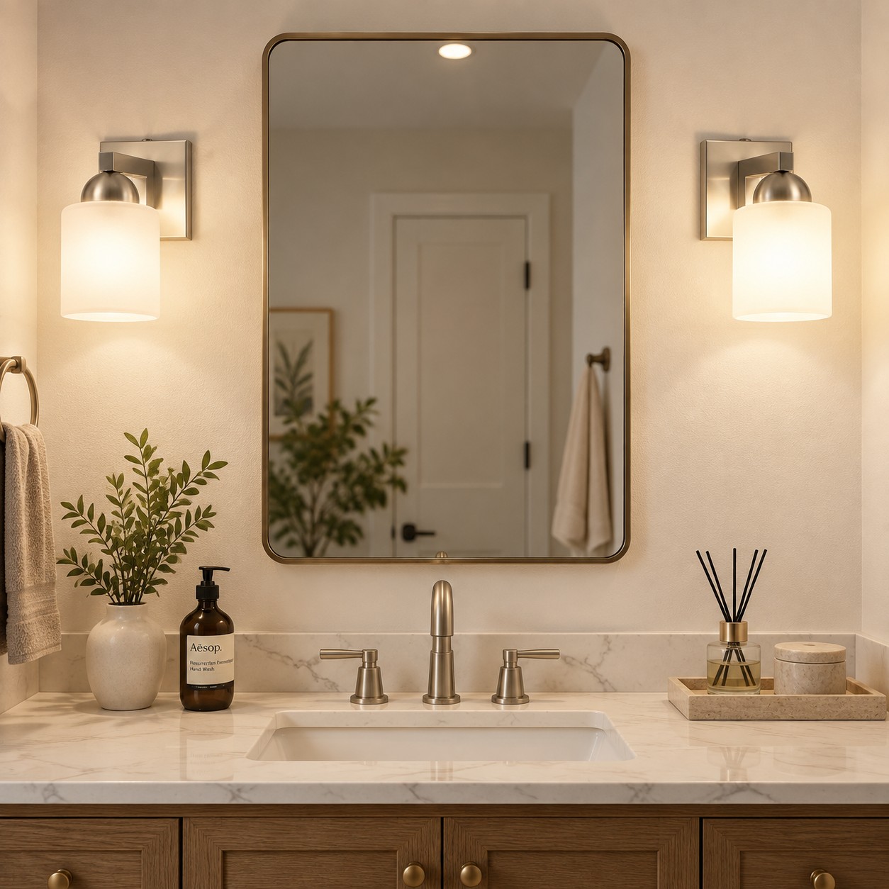 Two-light vanity fixture above a bathroom mirror