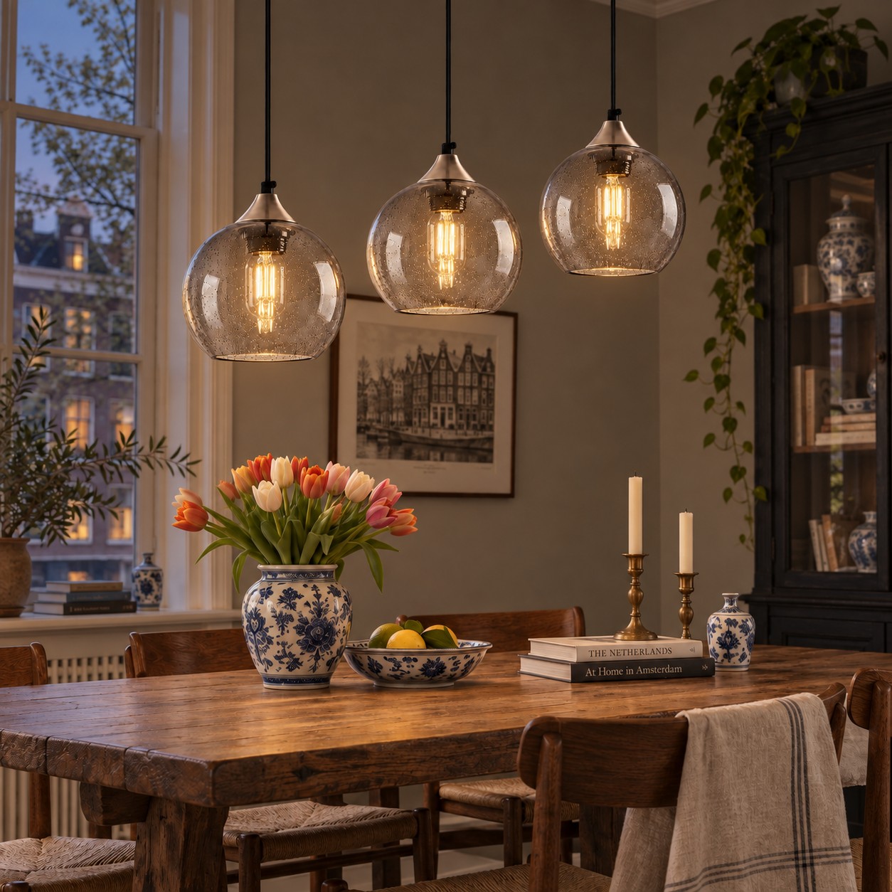 Amber pendants above a dining table