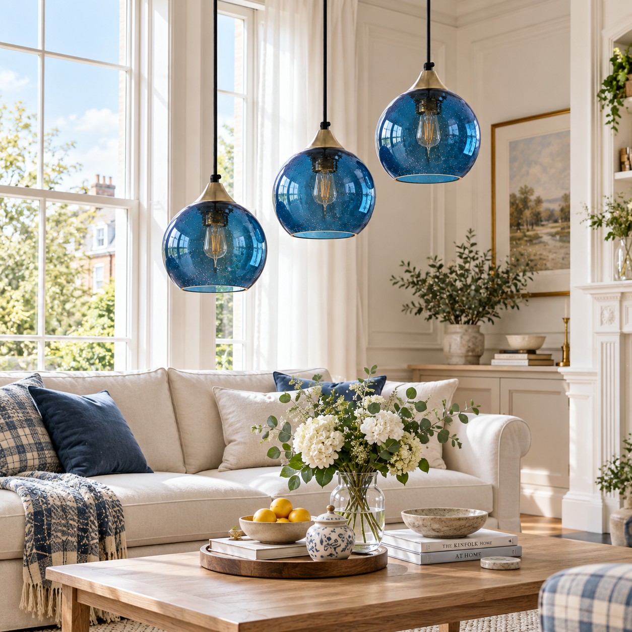 Blue bubble pendants over a lounge table