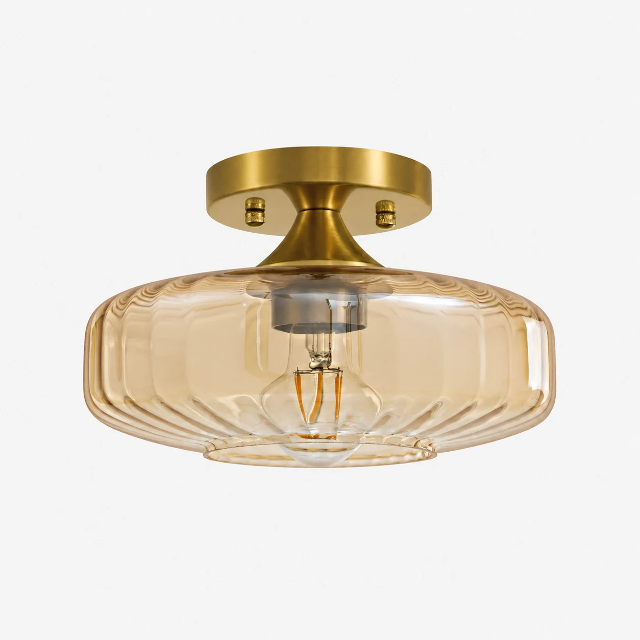 Amber ribbed glass semi-flush ceiling light with brushed brass canopy