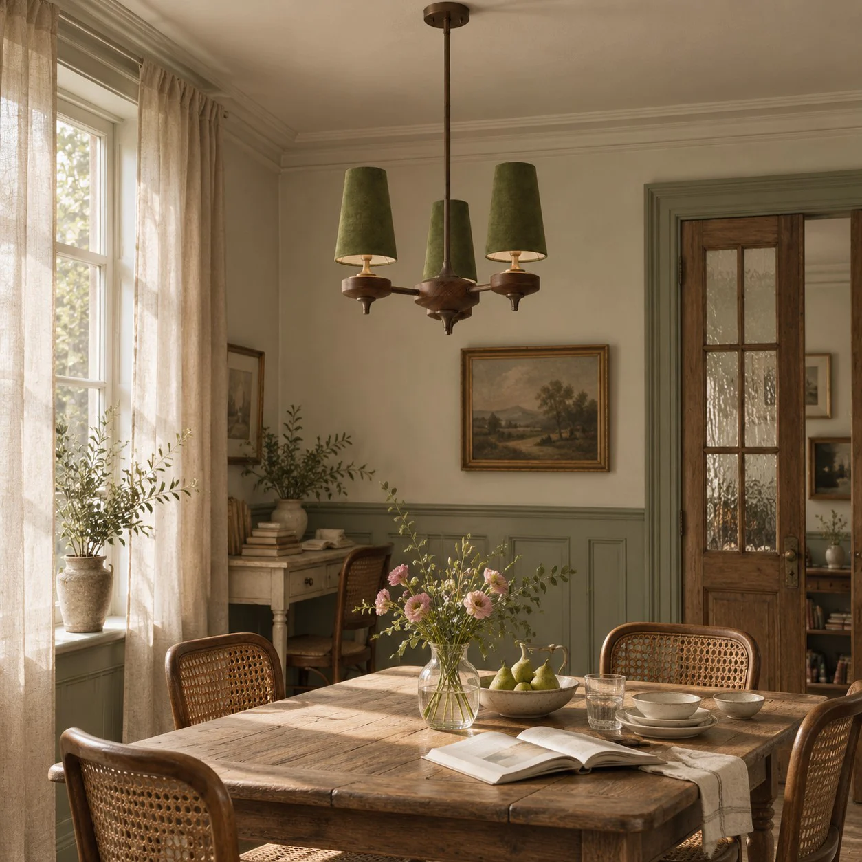 Three-light olive green Hour Rho chandelier in a warm interior