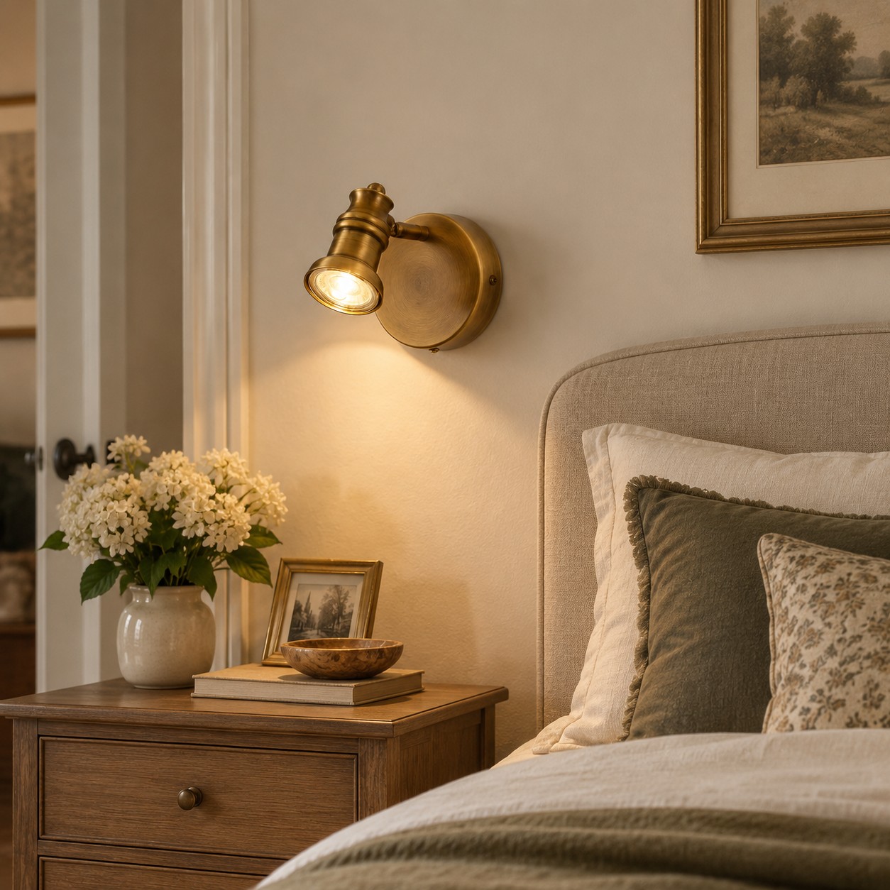 Aurelia single brass wall light beside a bed