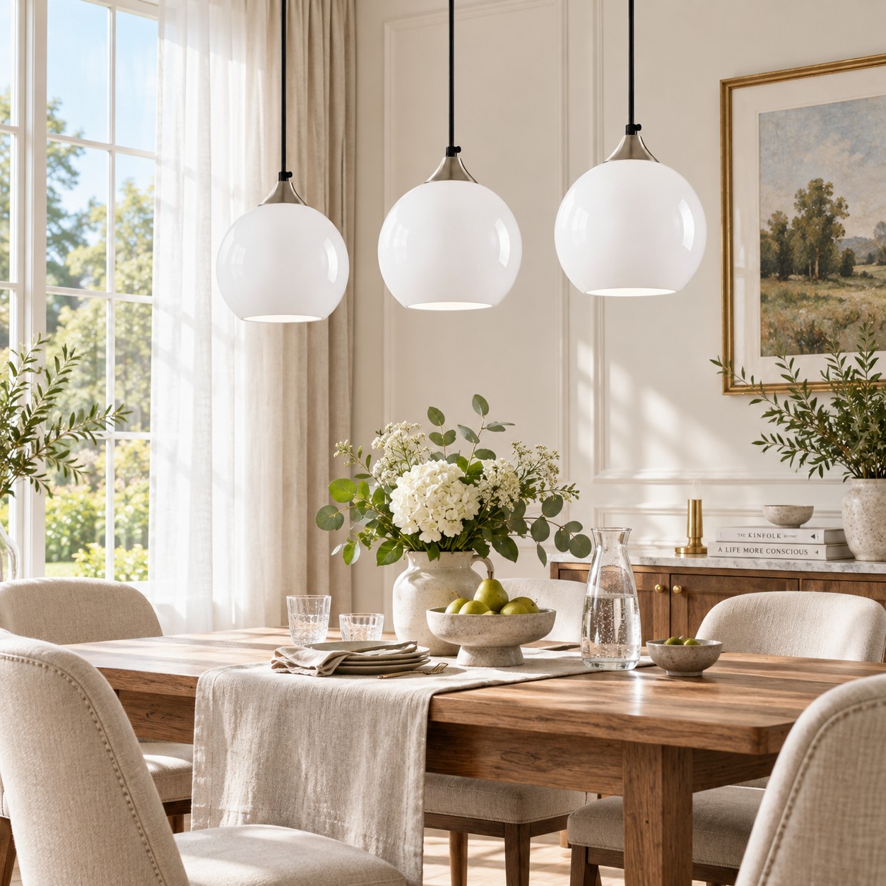 Clear pendants in a bright dining room