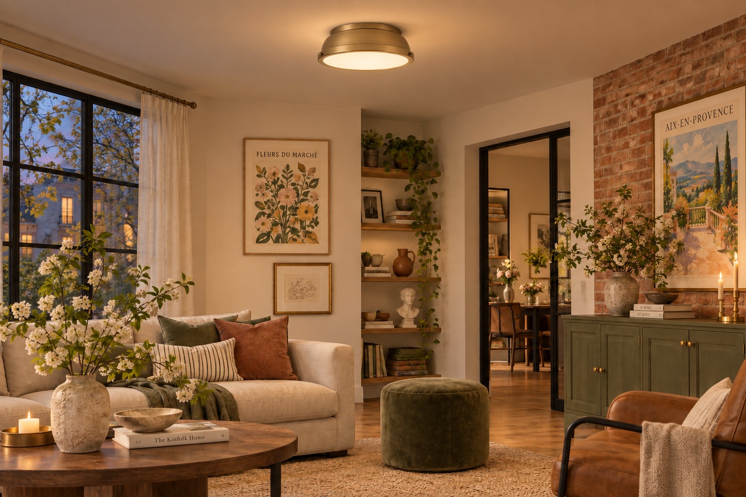 Flush mount ceiling light glowing in a living room