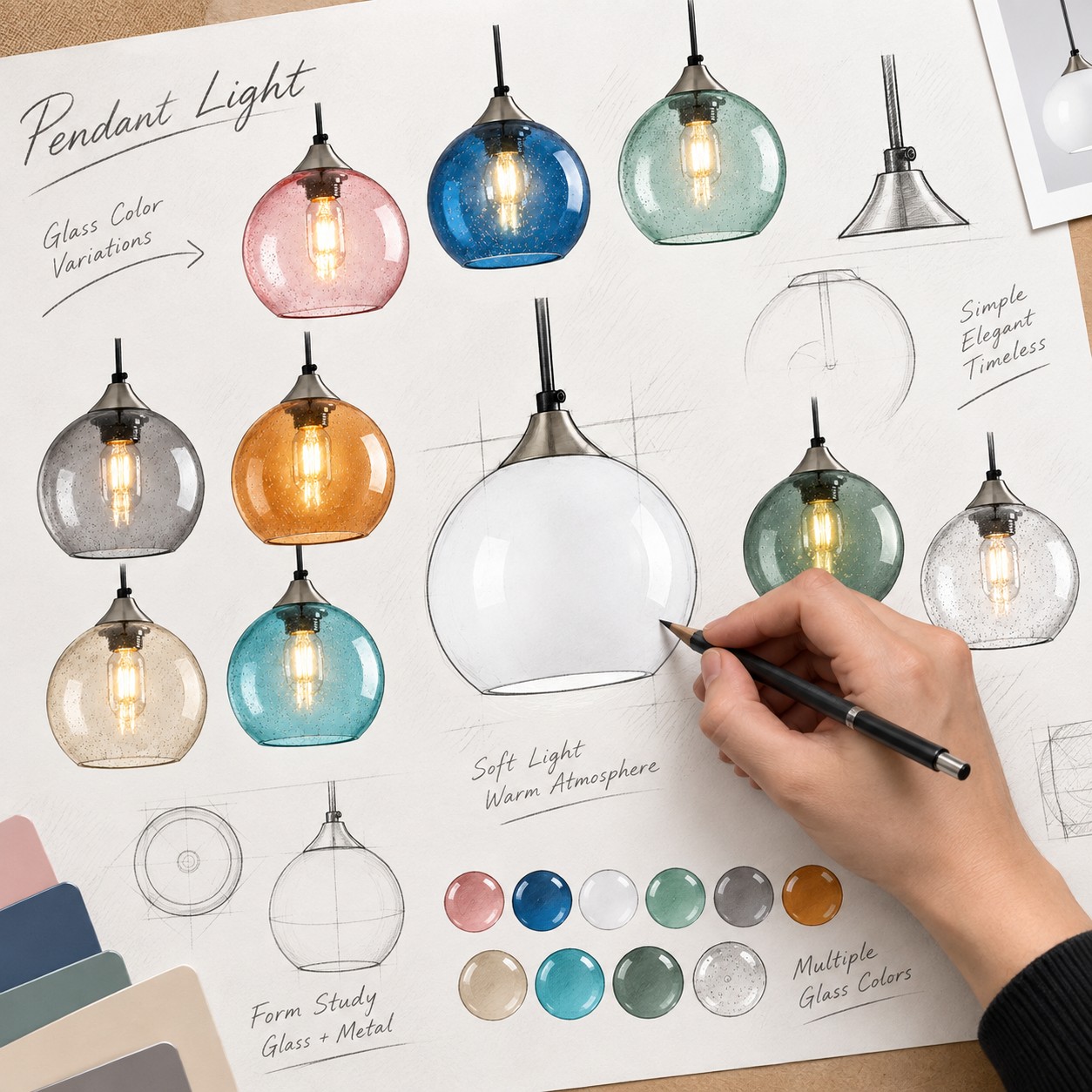 Design board showing bubble globe pendant colour and size options