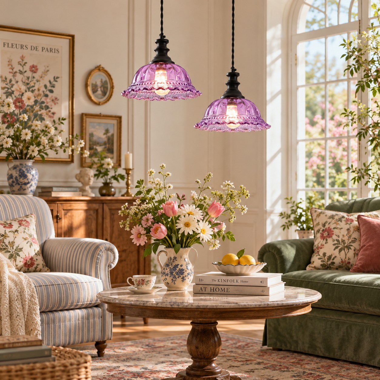 Two purple fluted glass pendants in a living room