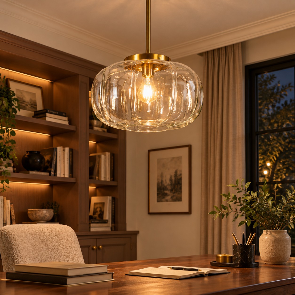 Lampadario in vetro rigato in un ufficio domestico