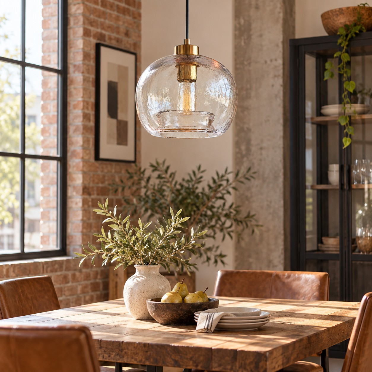 Suspension en verre texturé transparent avec douille dorée au-dessus d'une table à manger en bois