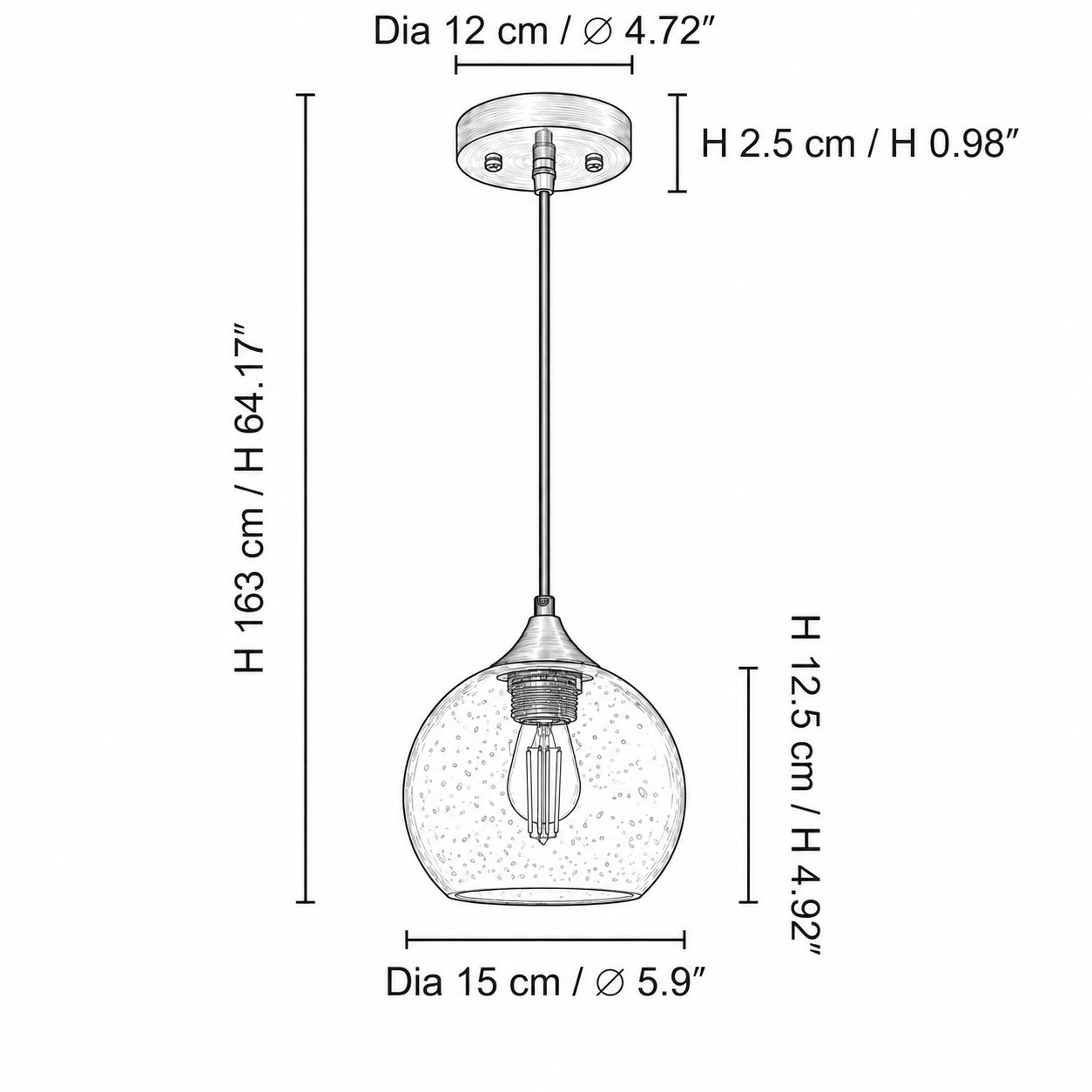 Small globe pendant dimensions: shade diameter 5.9 in and height 4.92 in (15 cm and 12.5 cm)