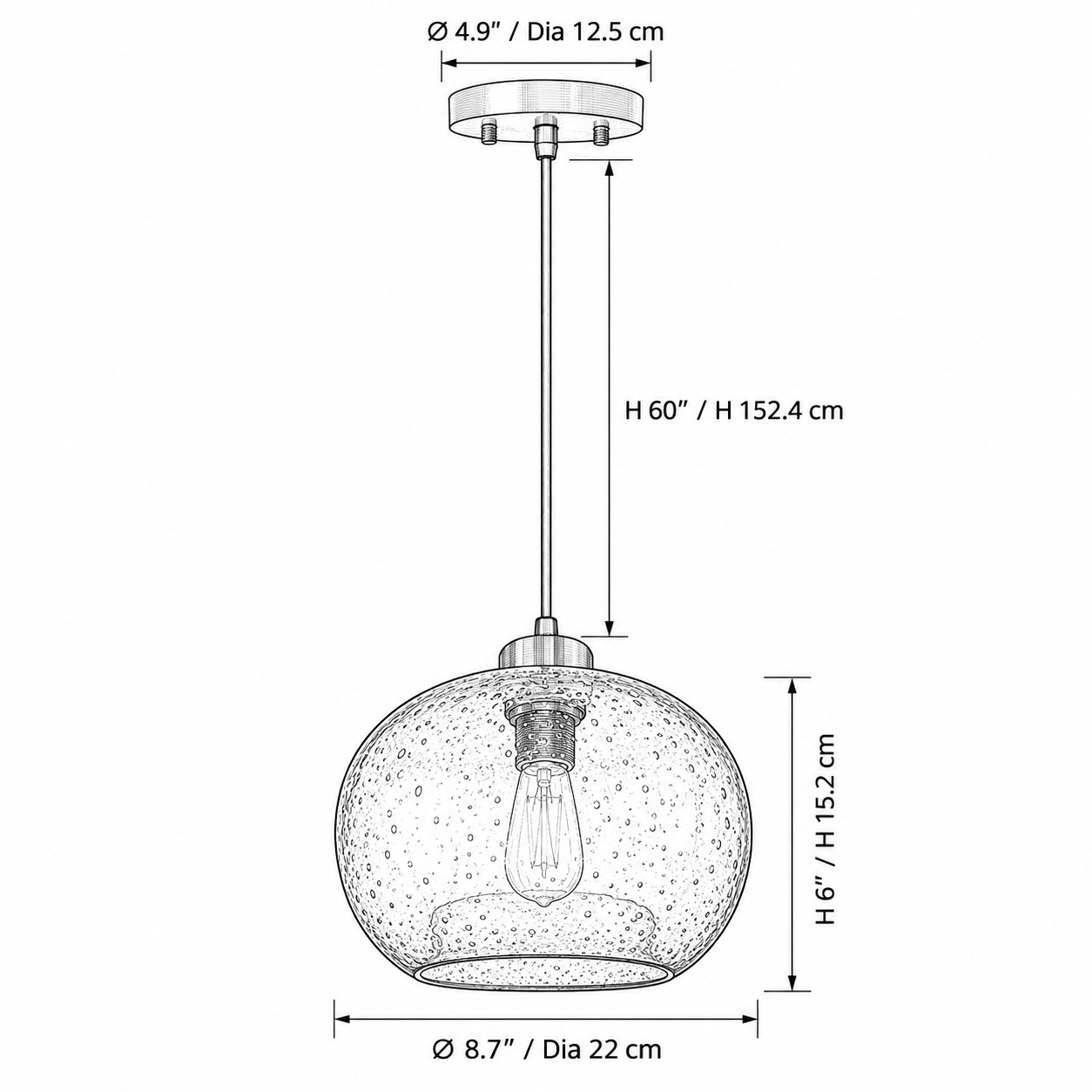 Dimensions du pendentif : diamètre du pavillon 12,5 cm, longueur de suspension 152,4 cm, diamètre du globe 22 cm et hauteur 15,2 cm.