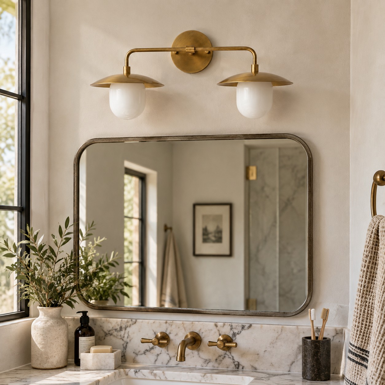 wall lamp beside a mirror in an entryway