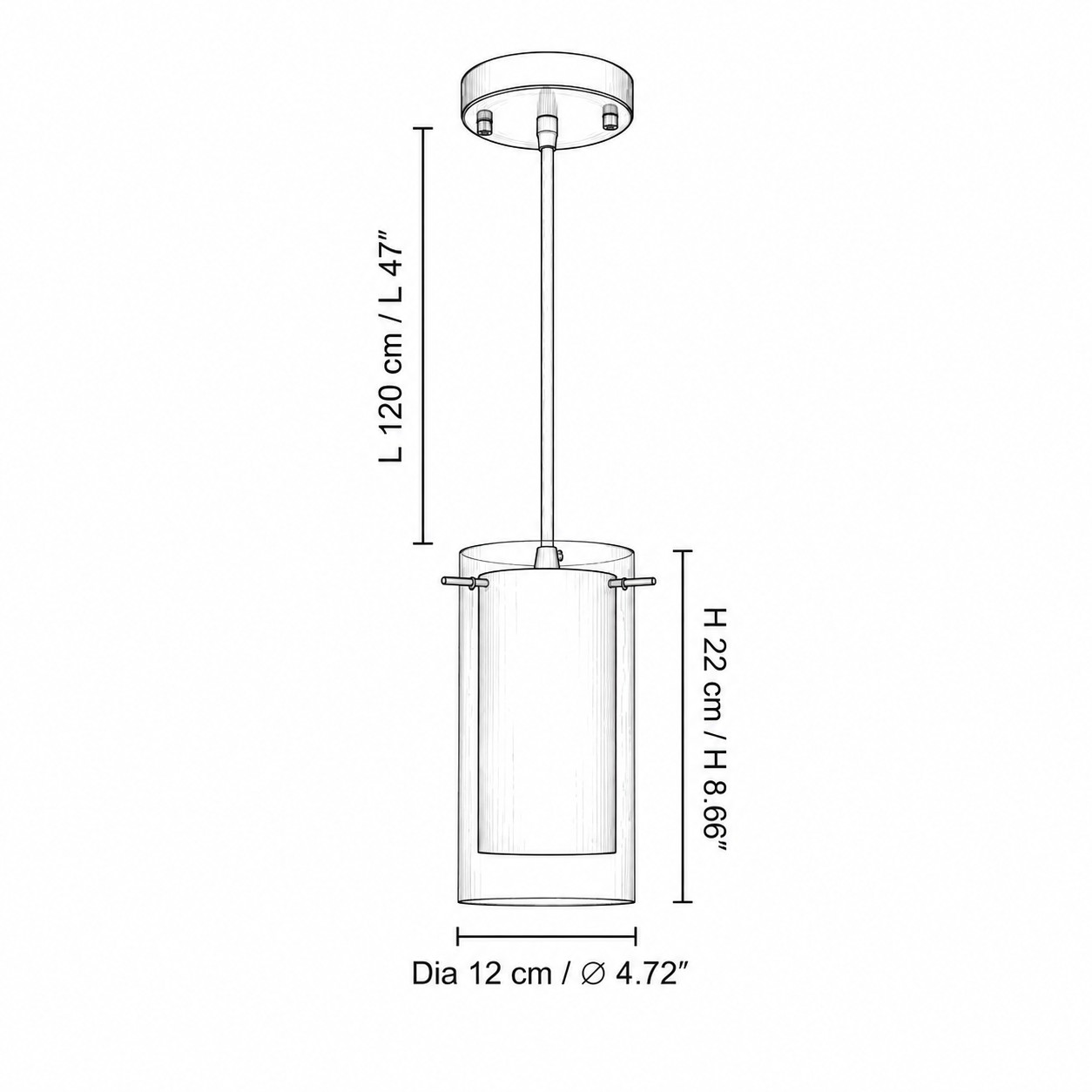 Maßdiagramm mit 120 cm verstellbarem Kabel und Außenmaßen des Schirms
