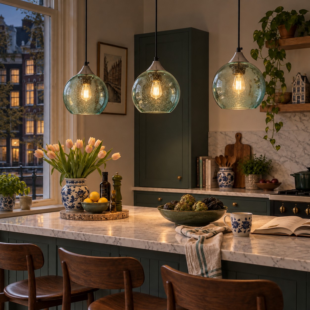 Green bubble pendants in a lounge