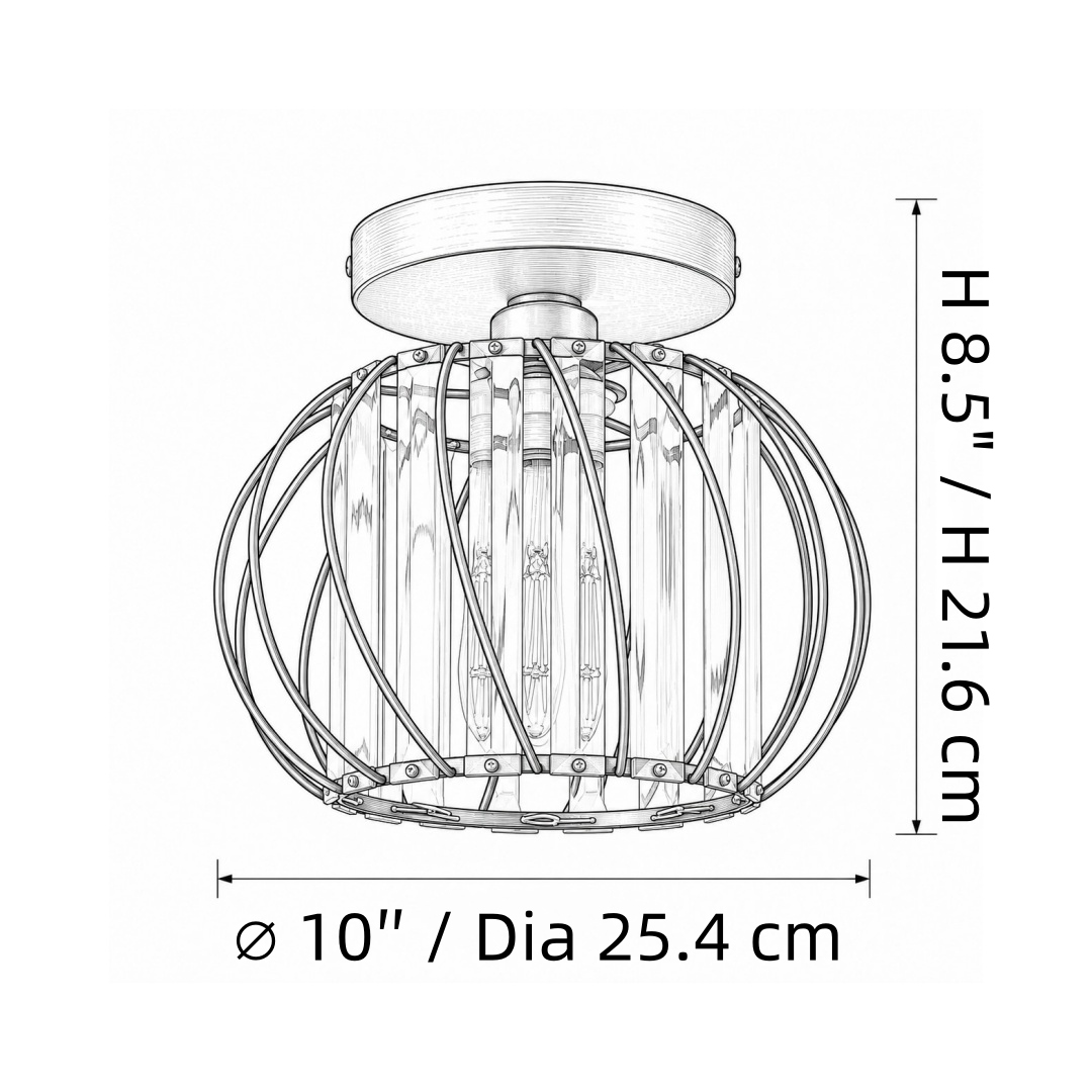 Dimensioni della plafoniera a gabbia geometrica: 25,4 cm di diametro e 48,2 cm di altezza.