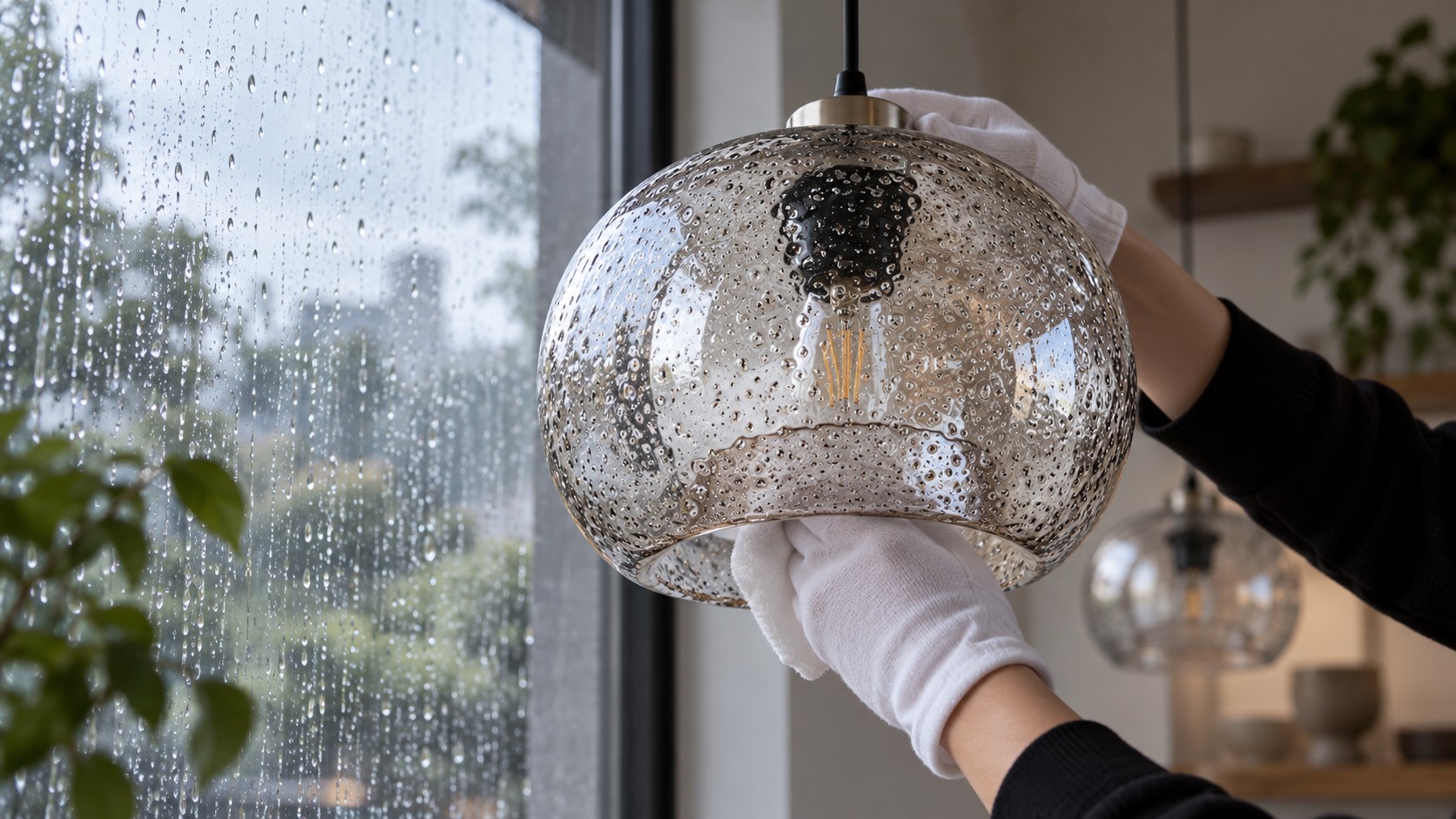 Gros plan sur un pendentif en verre fumé texturé avec un capuchon argenté, tenu par des mains gantées