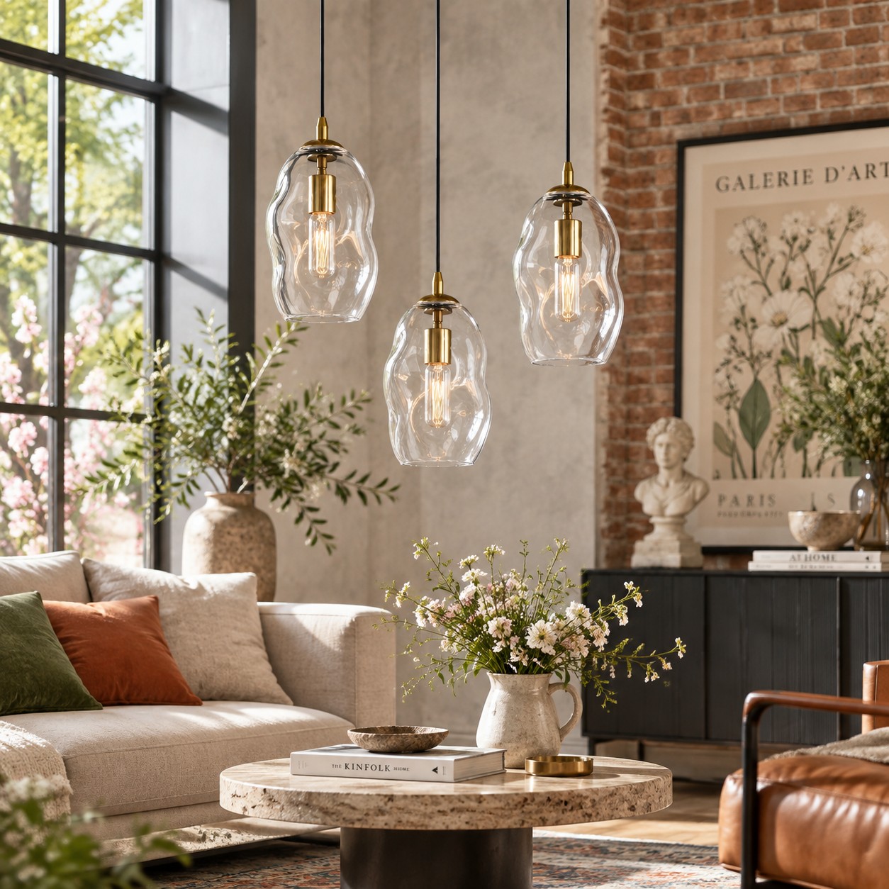 Organic glass pendants over a living room seating area