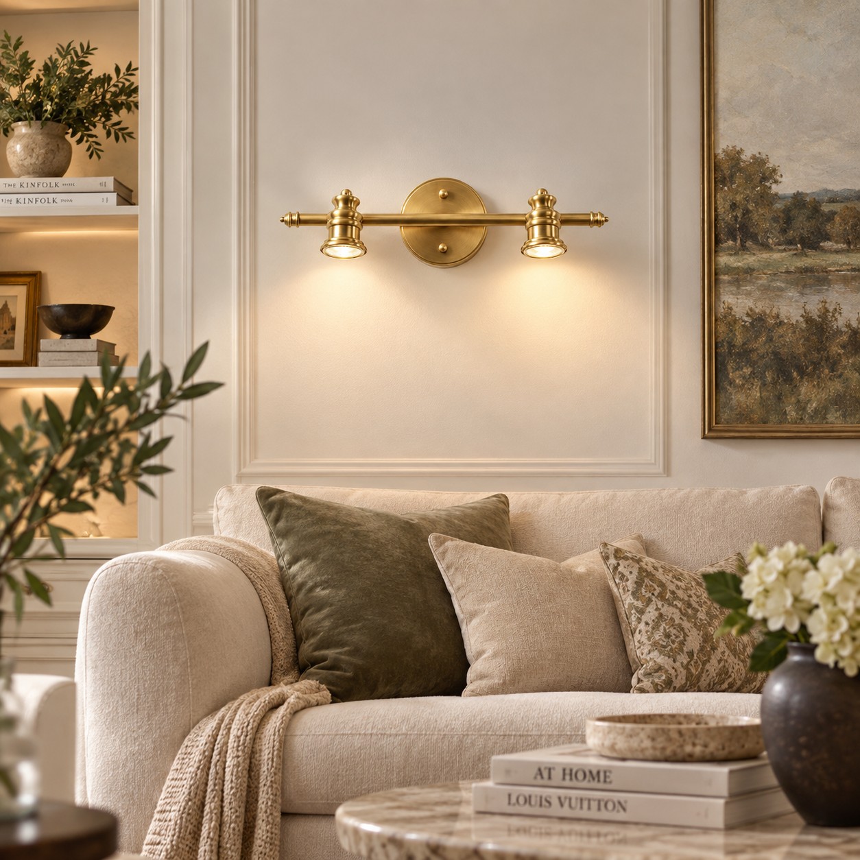 Aurelia two-light brass wall light above a sofa