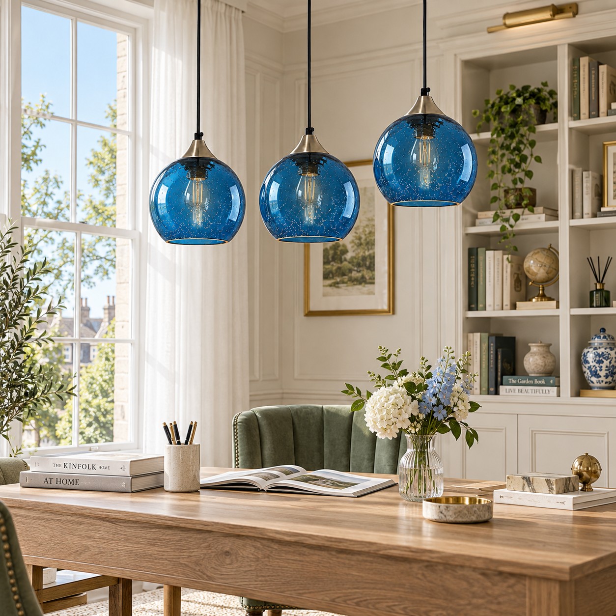 Blue bubble pendants above a bright table