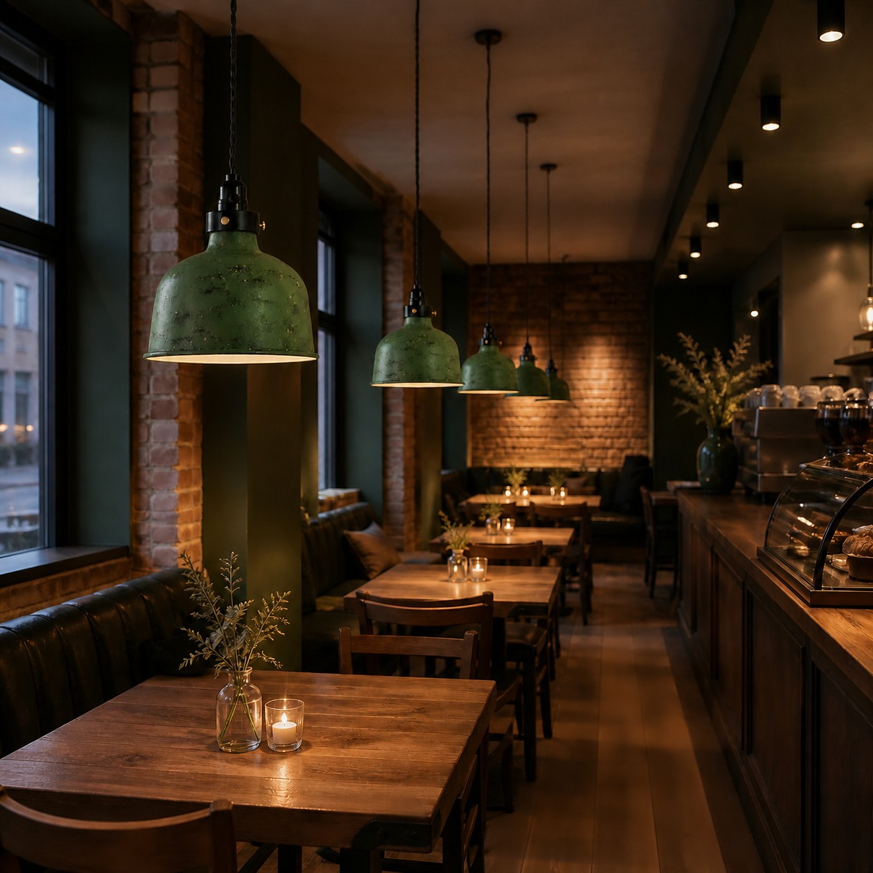 Distressed green pendants in a vintage cafe