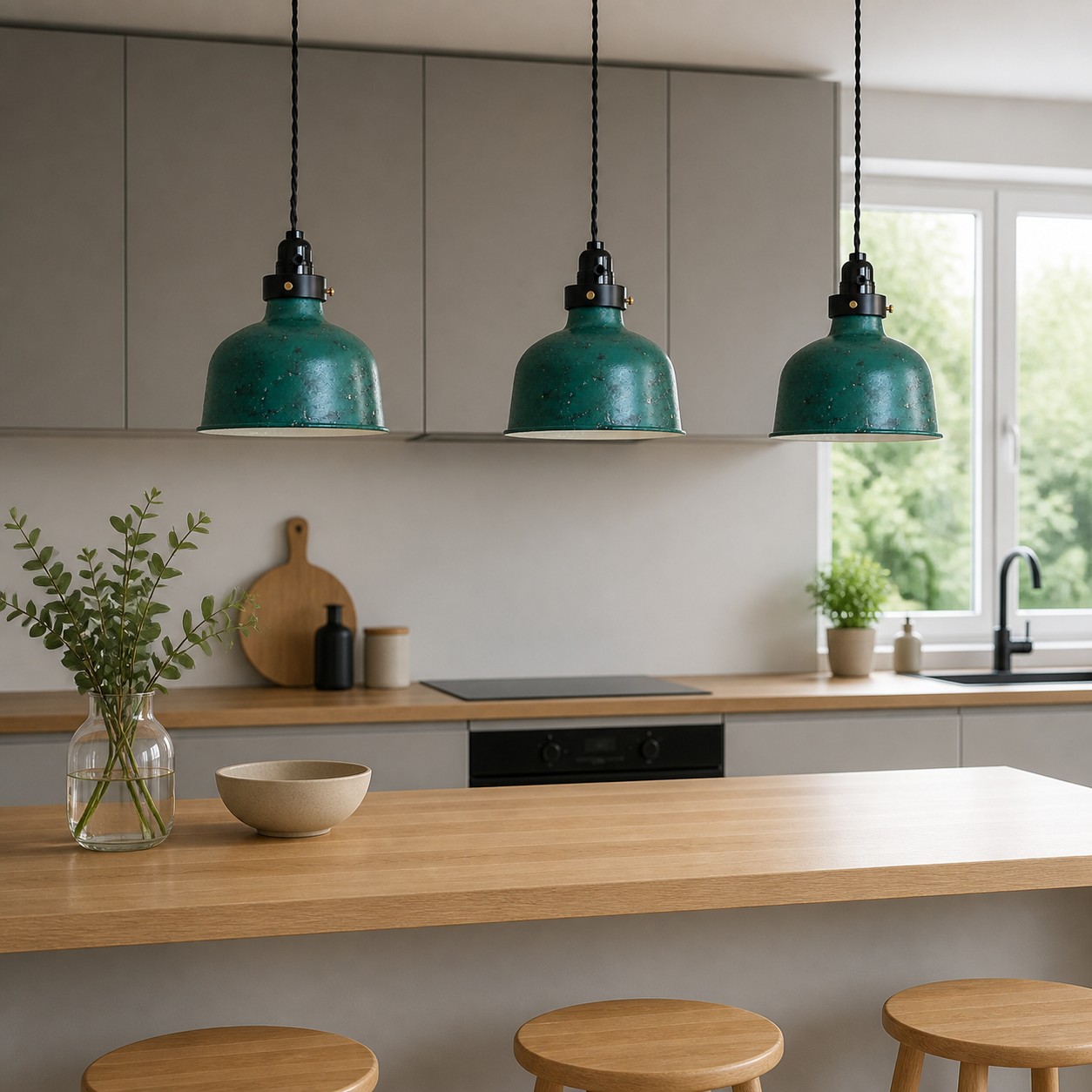 Distressed blue pendants above a kitchen counter