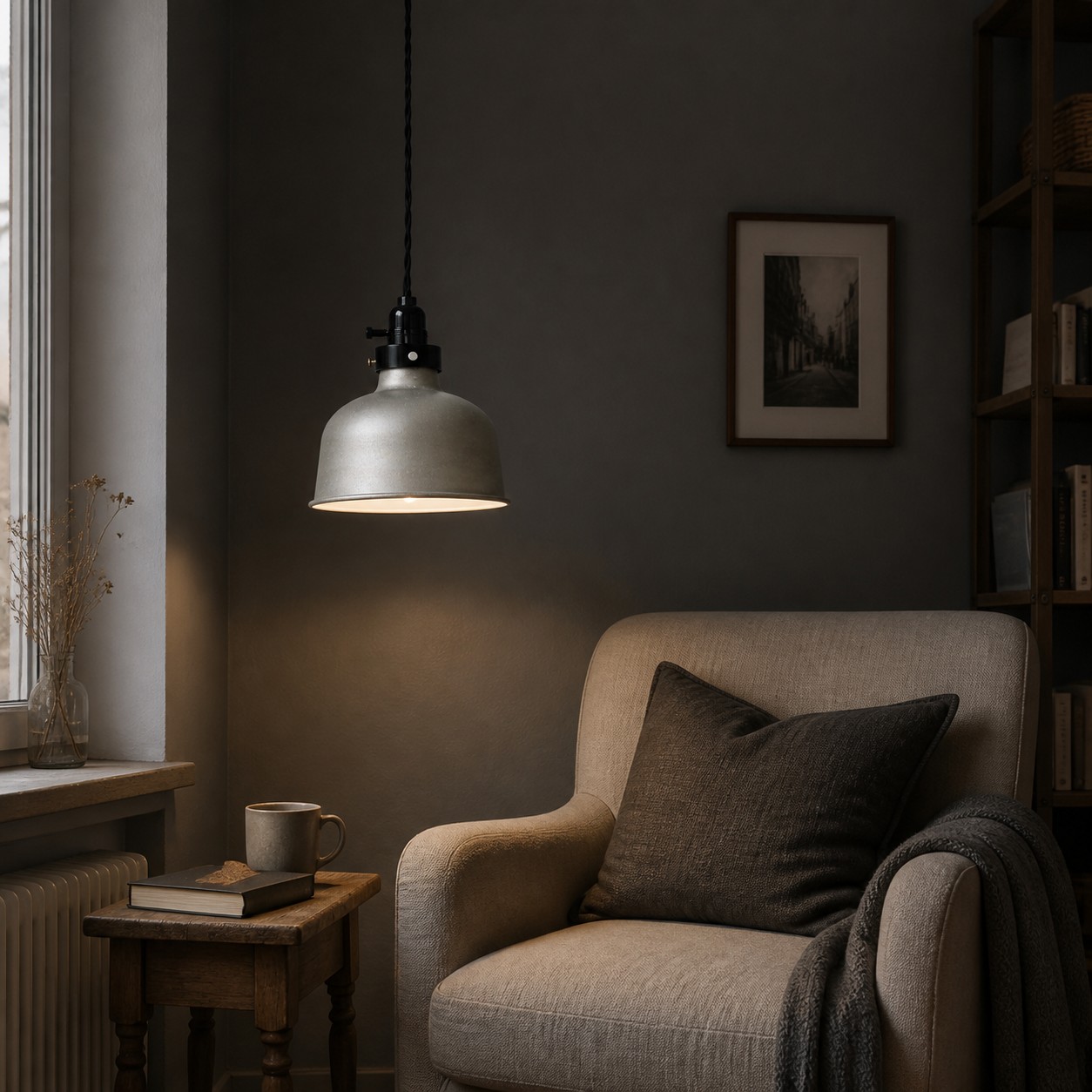 Distressed silver pendant in a quiet reading corner