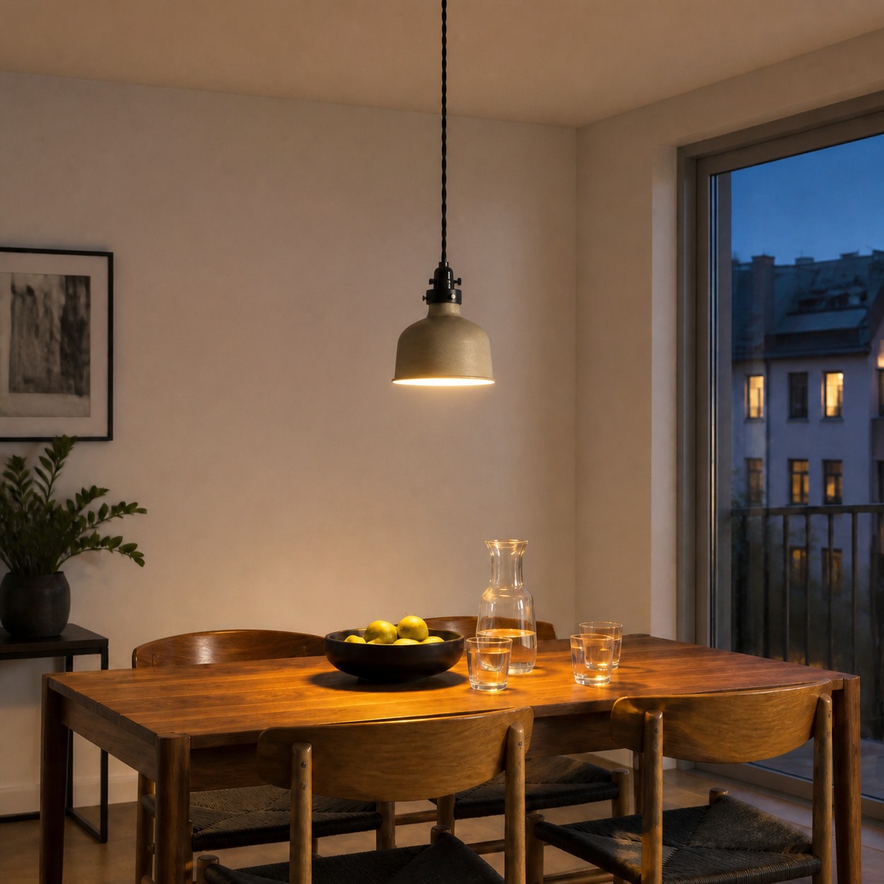 Distressed silver pendant above a warm dining table