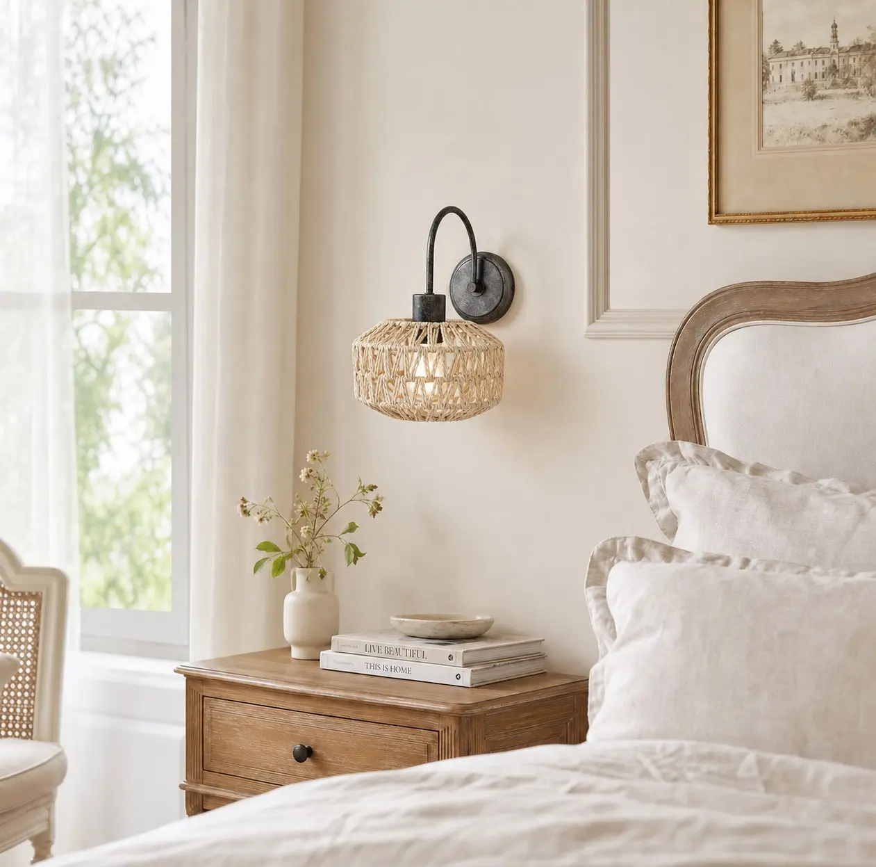 Apliques de parede em rattan trançado em um quarto sereno