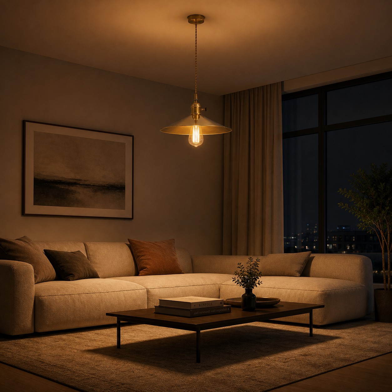 Lampadario a sospensione in ottone sopra un'area lounge tranquilla