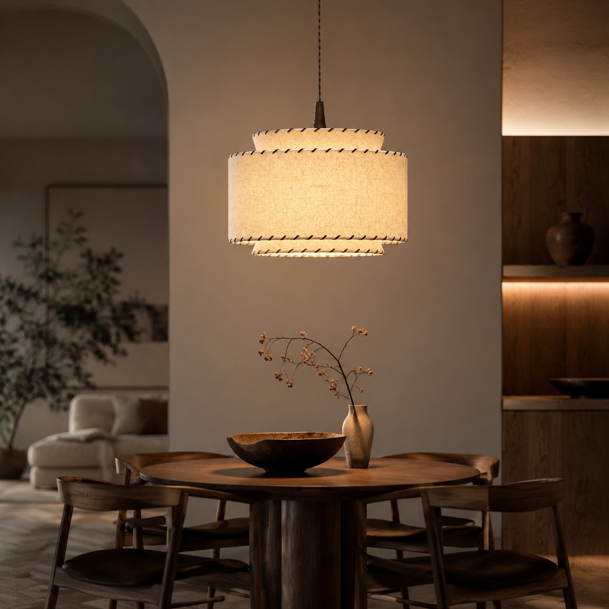 Linen pendant light installed over a warm dining space