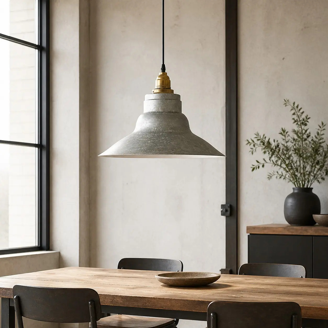 Suspension industrielle vintage au-dessus d'une table à manger