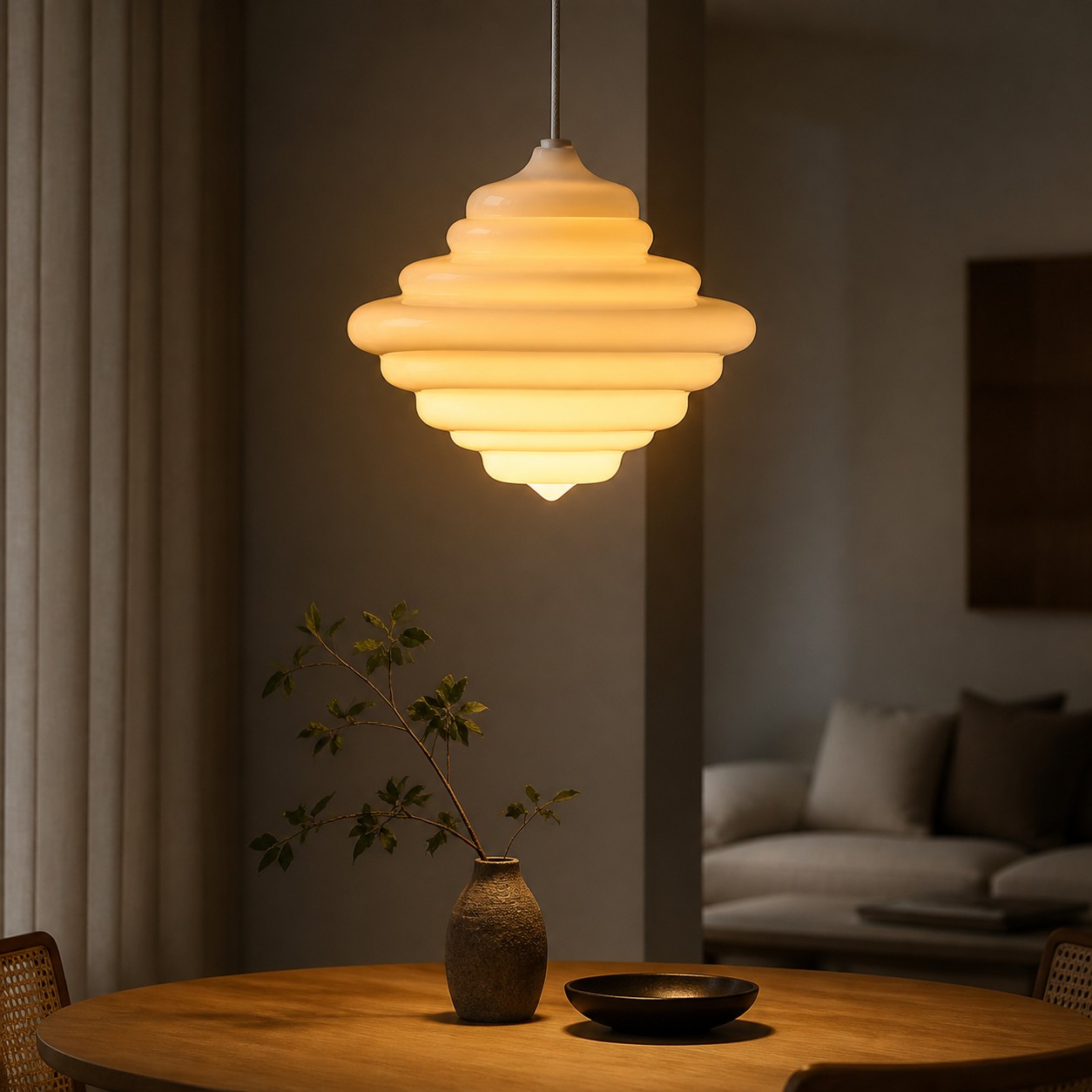 Lámpara colgante de cristal blanco sobre la mesa en la sala de estar.