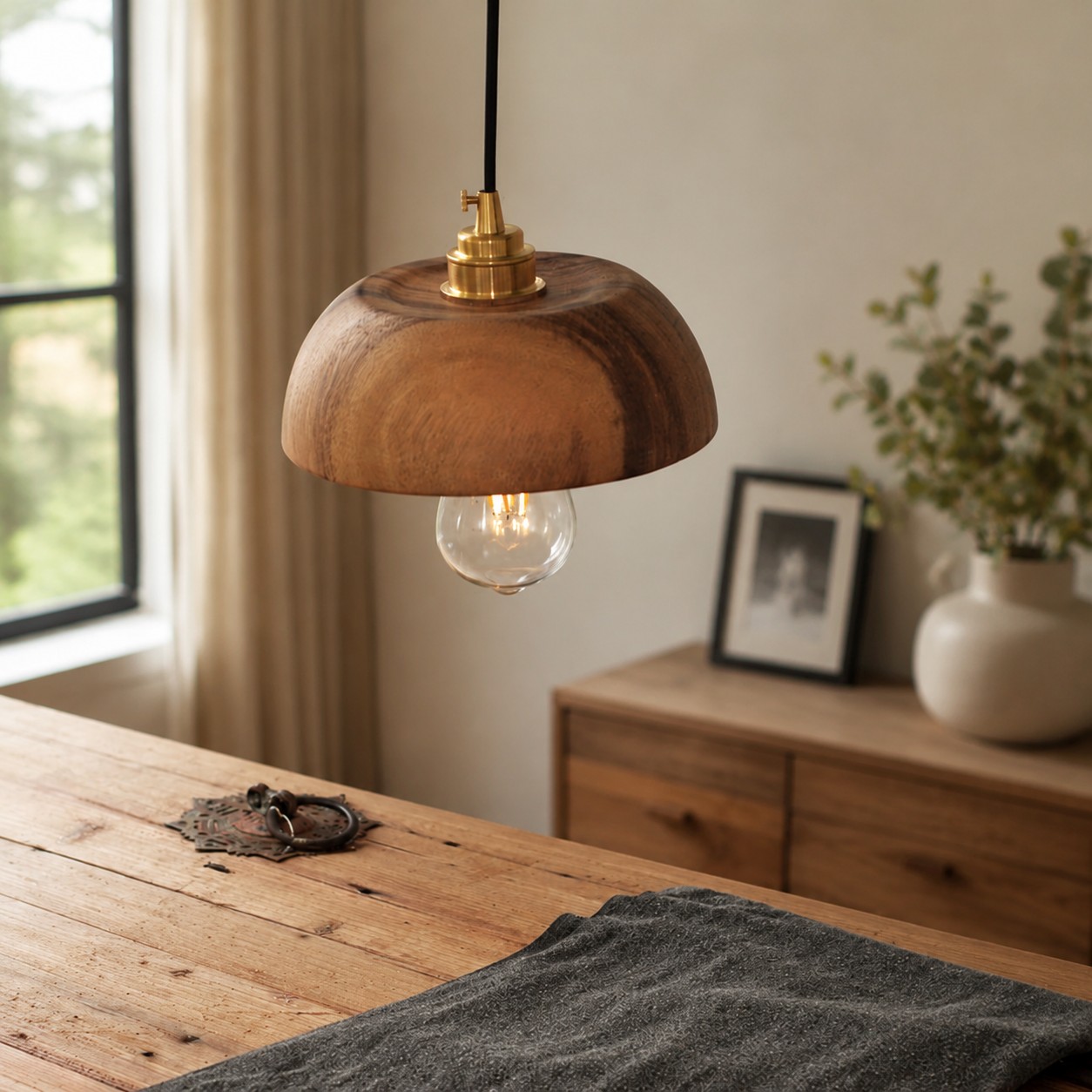 Handcrafted walnut wood dome pendant light view 5