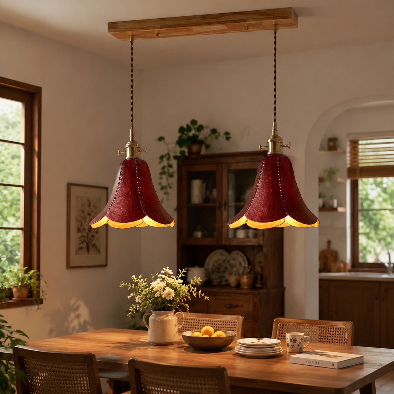 Lampadario doppio marrone sopra un tavolo da pranzo