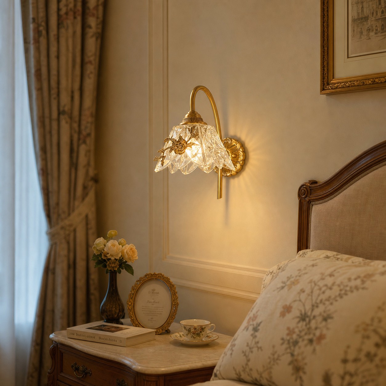 Aplique de parede floral francês instalado ao lado de um quarto clássico.