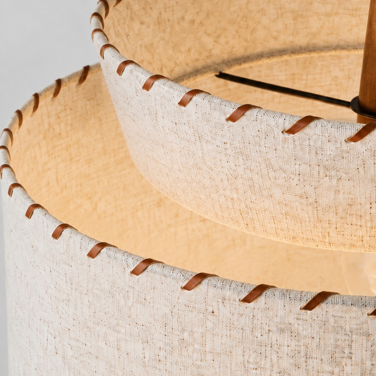 Wood look suspension detail on linen pendant light
