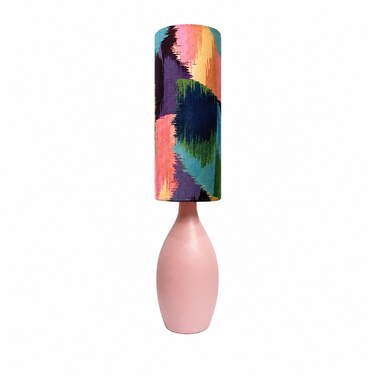 Abajur de mesa em cerâmica com blocos de cores pastel e tecido Liberty.