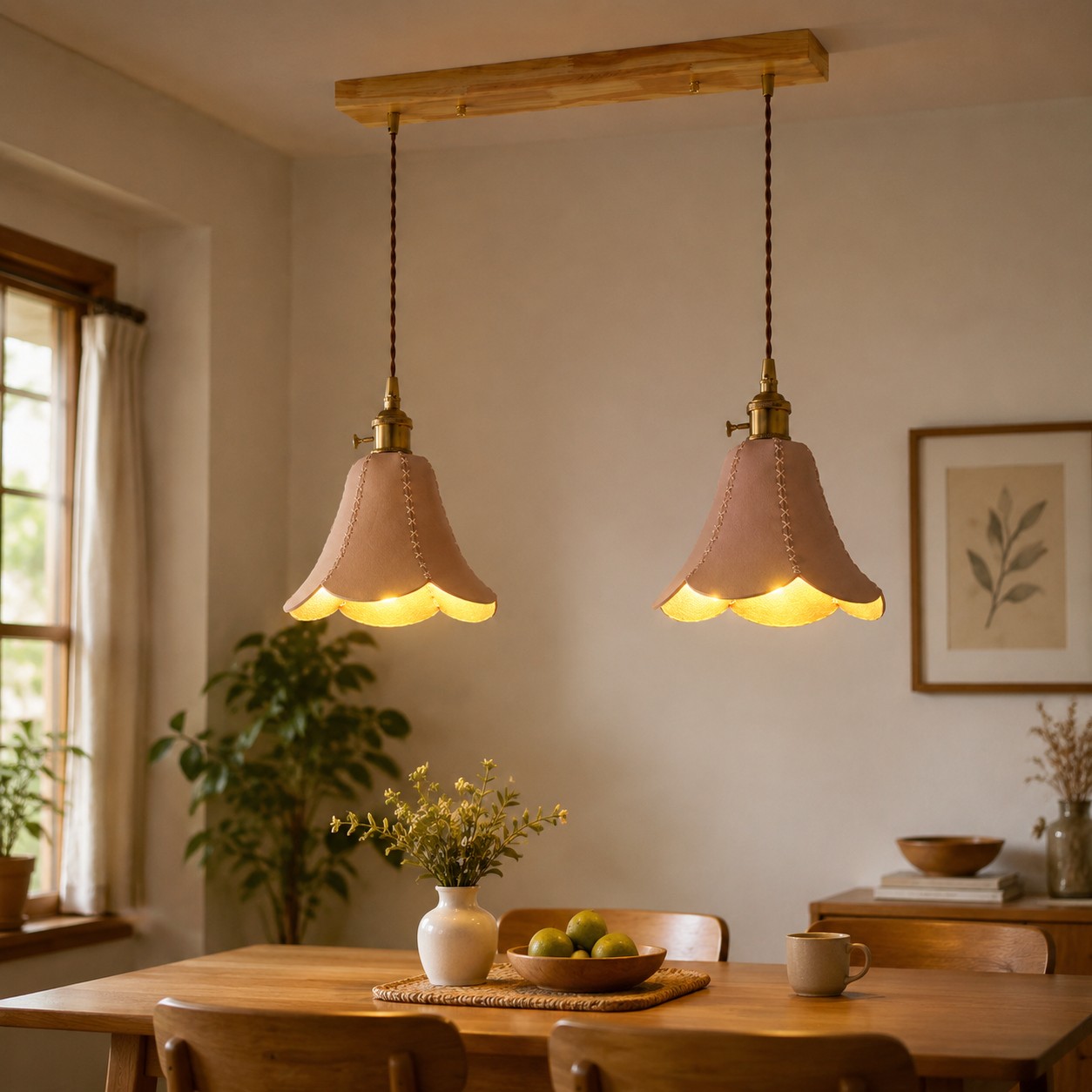 Lampadario doppio naturale sopra un tavolo da pranzo