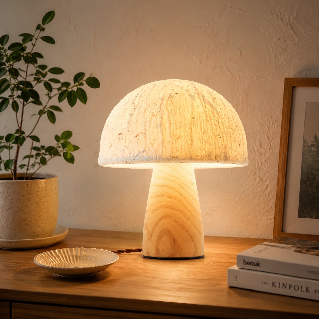 Lampada da tavolo a forma di fungo, decorata con piante e libri.
