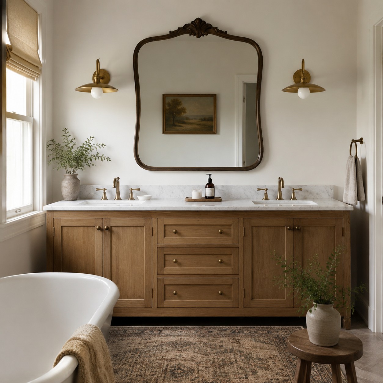 Cantina antique brass wall lamps creating warm bedside light in a natural bedroom