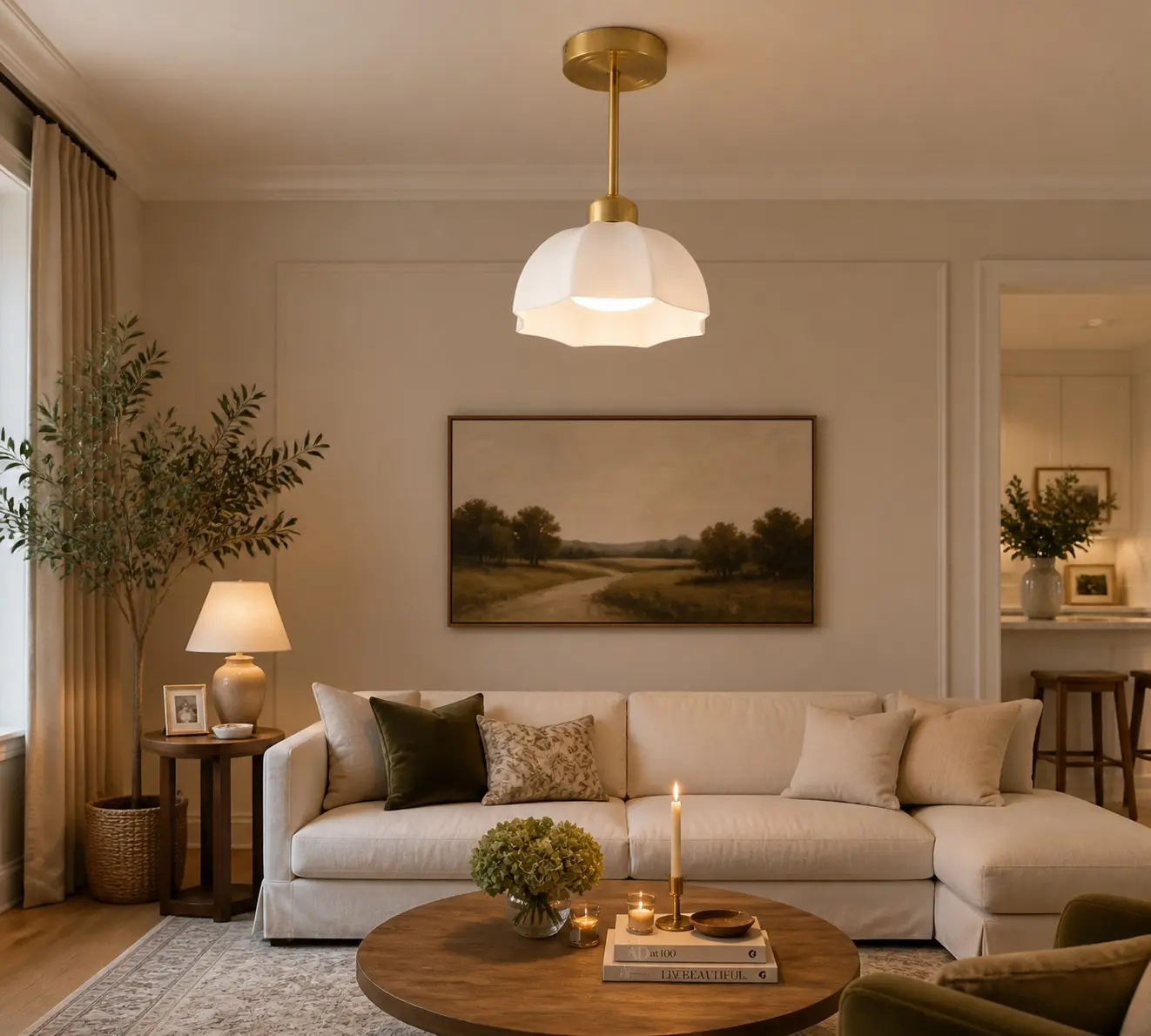 Lampa sufitowa z mlecznego szkła w wyrafinowanym wnętrzu