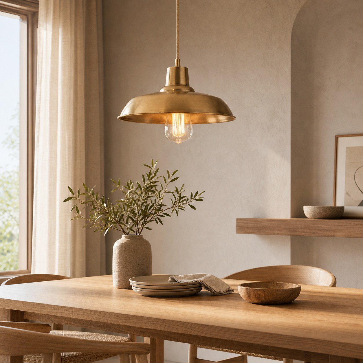 Lampadario a sospensione in ottone sopra un tavolo da pranzo.