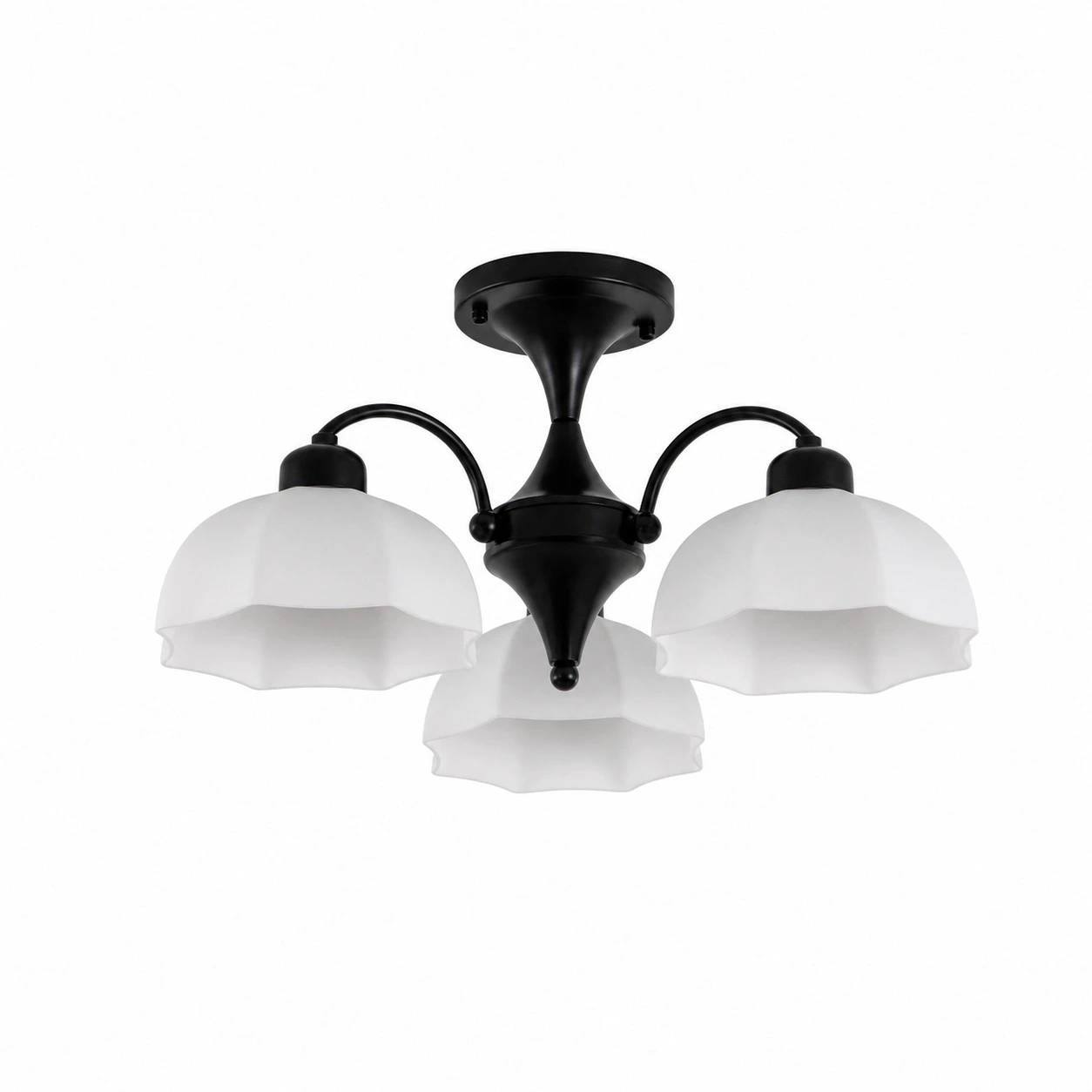 Lustre preto de três luzes com cúpulas de vidro branco.