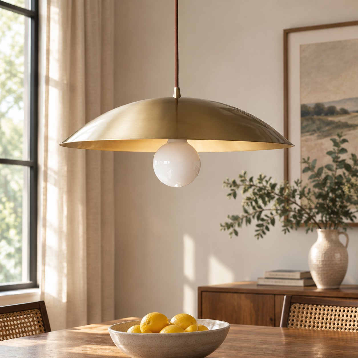 Lampadario a sospensione a cupola in ottone spazzolato sopra un tavolo da pranzo.