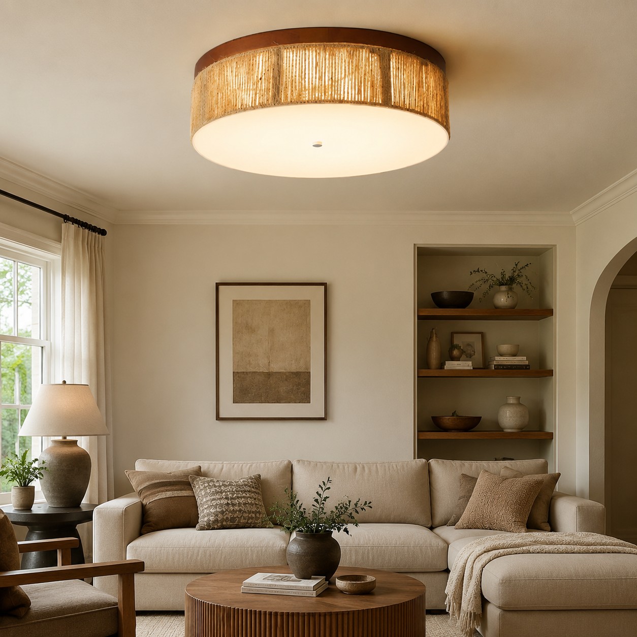 Woven rope LED flush mount ceiling light in a warm living room
