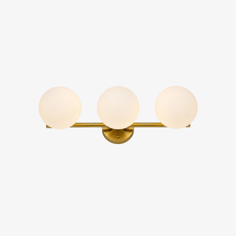 Gold three-light vanity light with milk glass globes