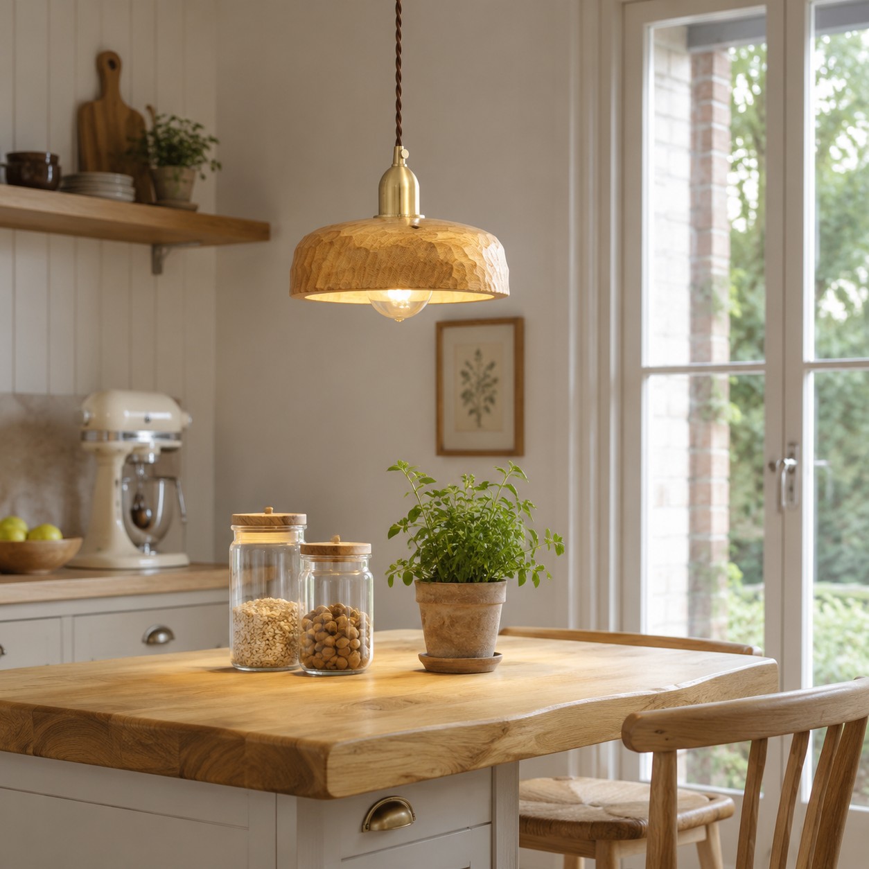 Natural wood pendant lamp suspended above a kitchen table