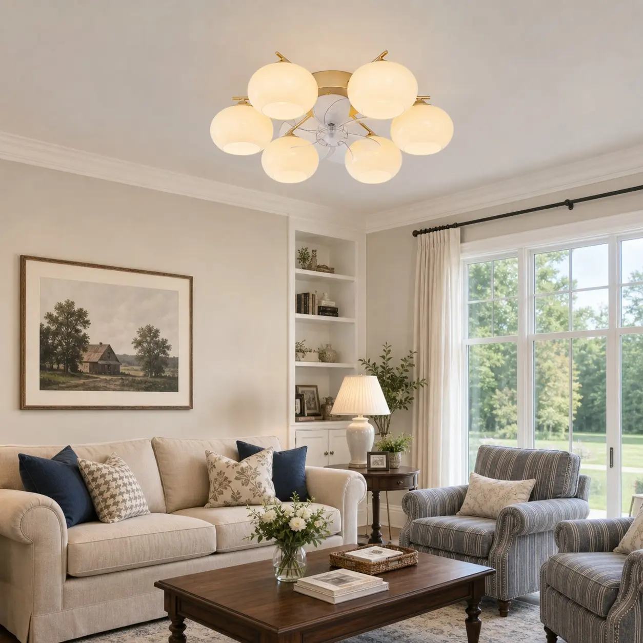 Goldene Deckenventilatorleuchte in einem hellen, modernen Wohnzimmer