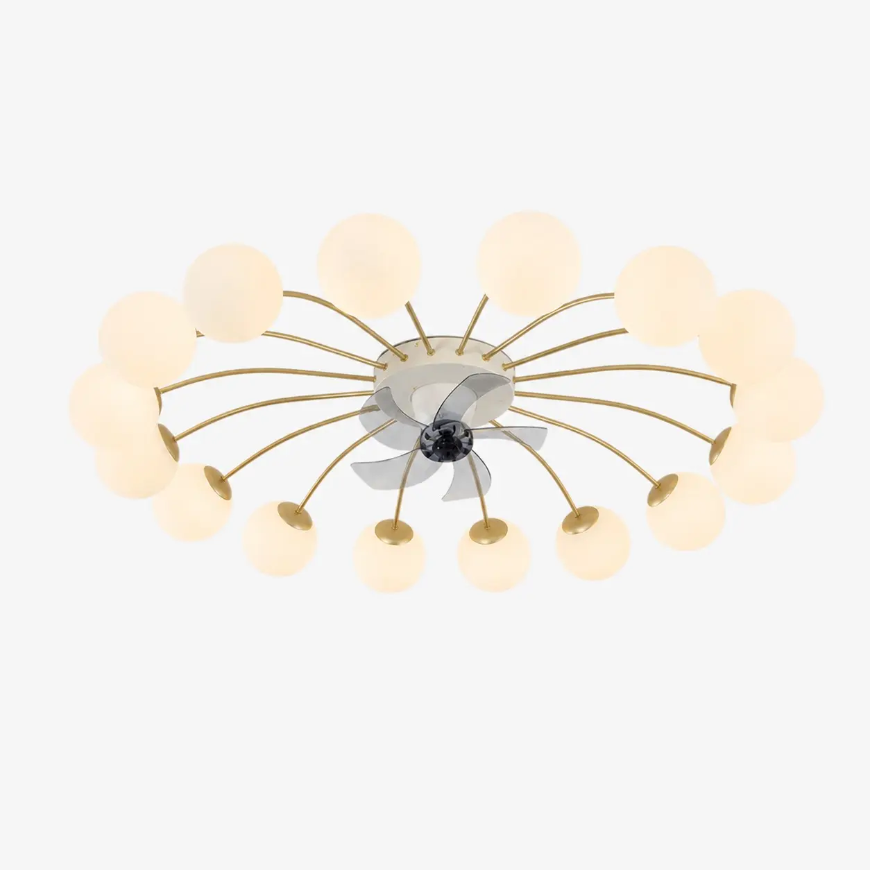Ventilateur de plafond lumineux en fer blanc et doré et verre à 16 têtes
