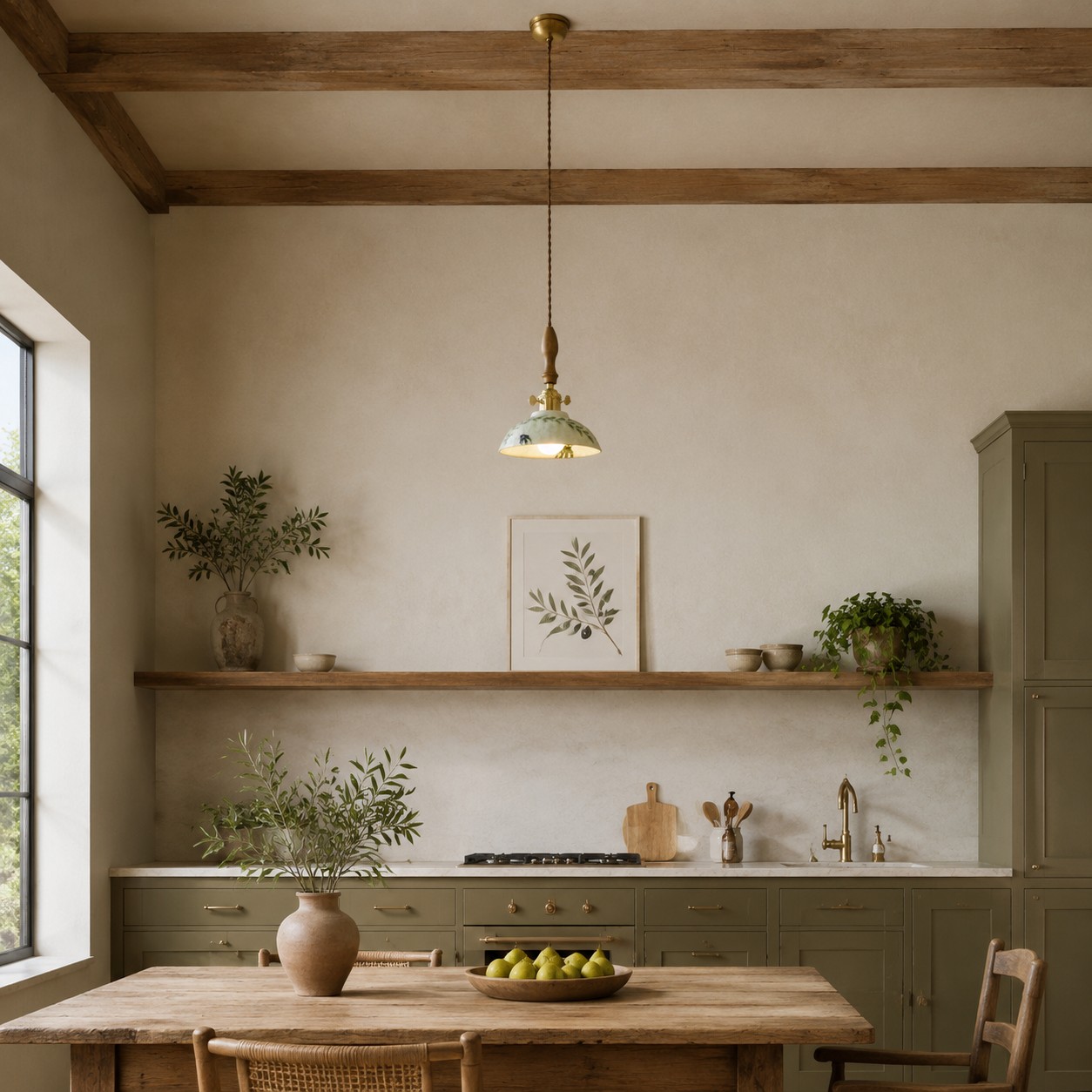 Botanical ceramic pendant above a bright kitchen table