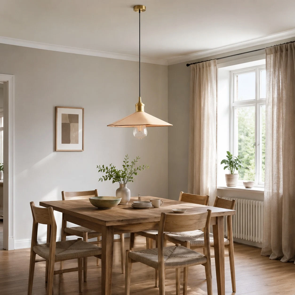 Lampada a sospensione conica effetto pelle installata sopra un tavolo da pranzo.